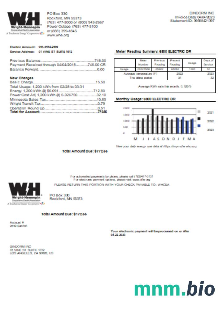 Wright-Hennepin Cooperative Electric Association rachunek za usługi komunalne